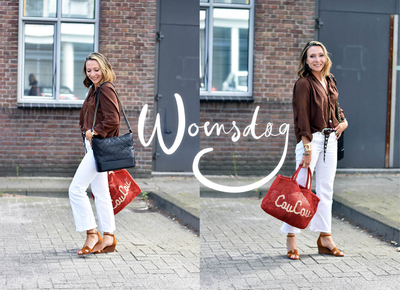 may-britt mobach in de look of the day, witte jeans, donkere blouse, coucou tas