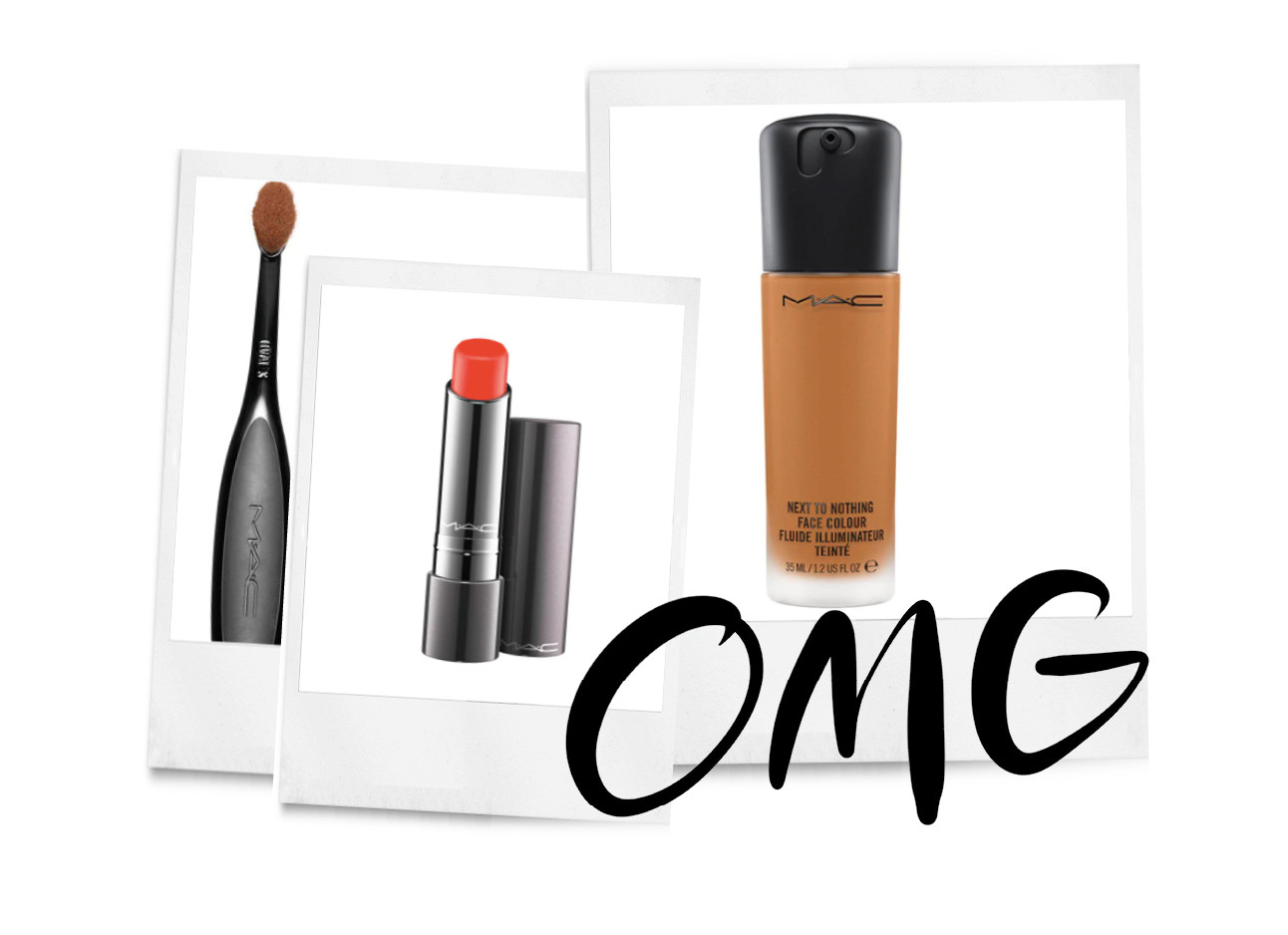 Een aantal producten van MAC, Een kwast een lipstick en een foundation