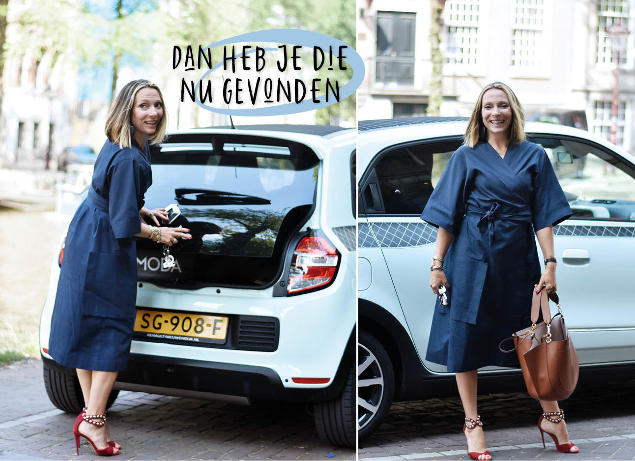 may-britt in een donker blauwe jurk met Mint kleur Renault Twingo in Amsterdam