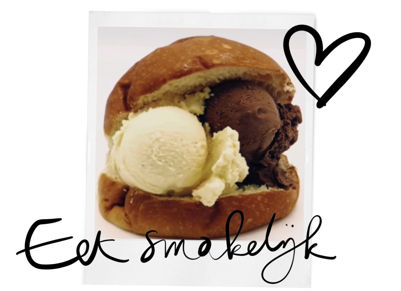 nieuw broodje ijs van roberto gelato, een broodje met chocolade en vanille ijs eestmakelijk hartje