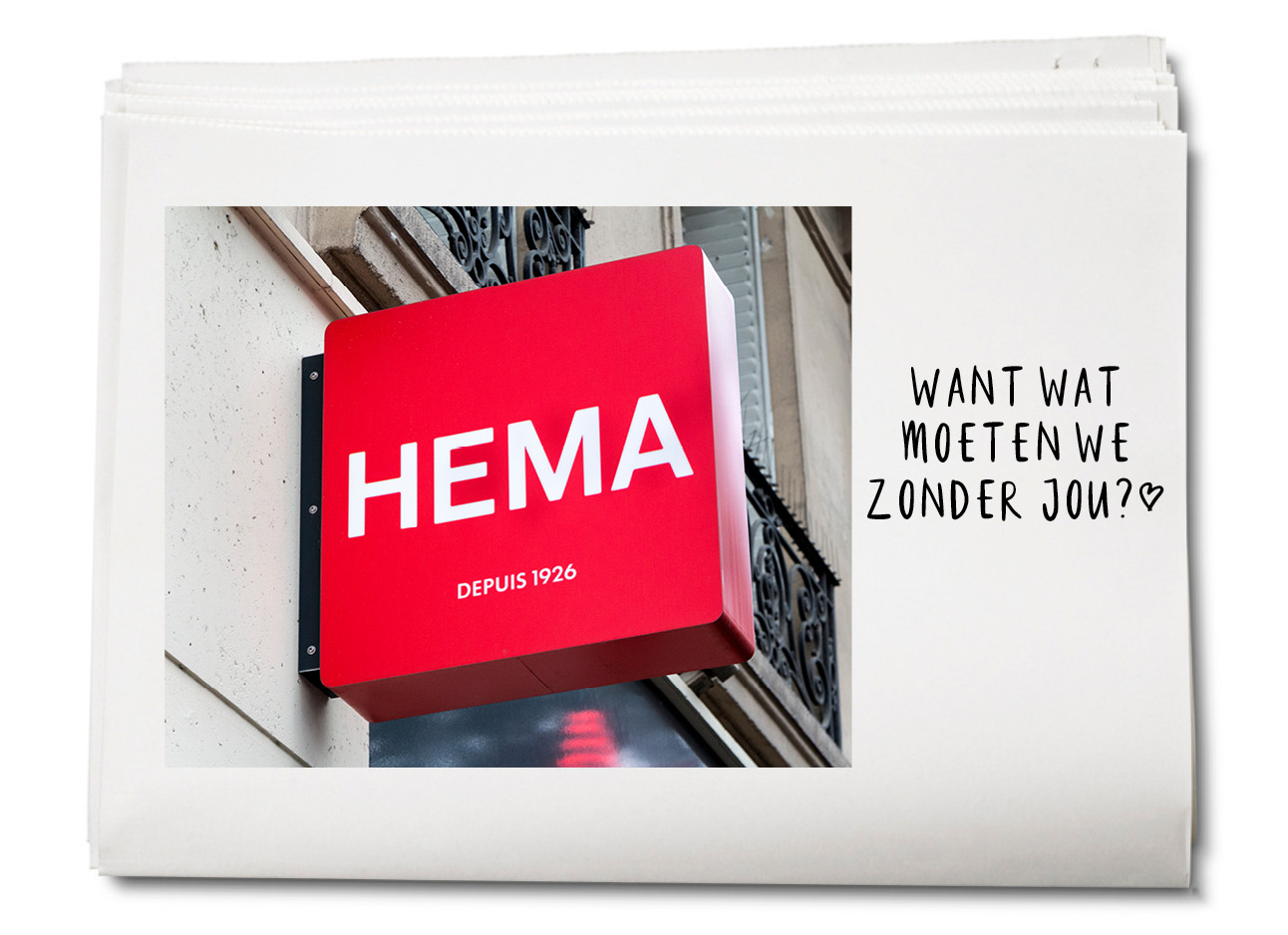 beeld van het rode hema bord aan een grijze muur