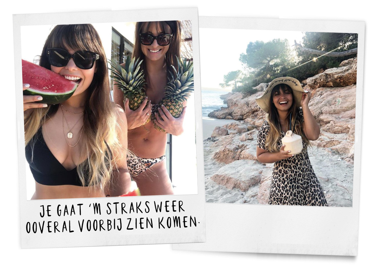 kiki duren in bikini met een watermeloen, lilian brijl met ananassen, kiki met een kokosnoot en hoed op, summer