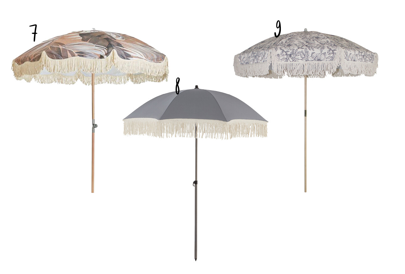verschillende parasollen tegen de zon die zijn genummerd