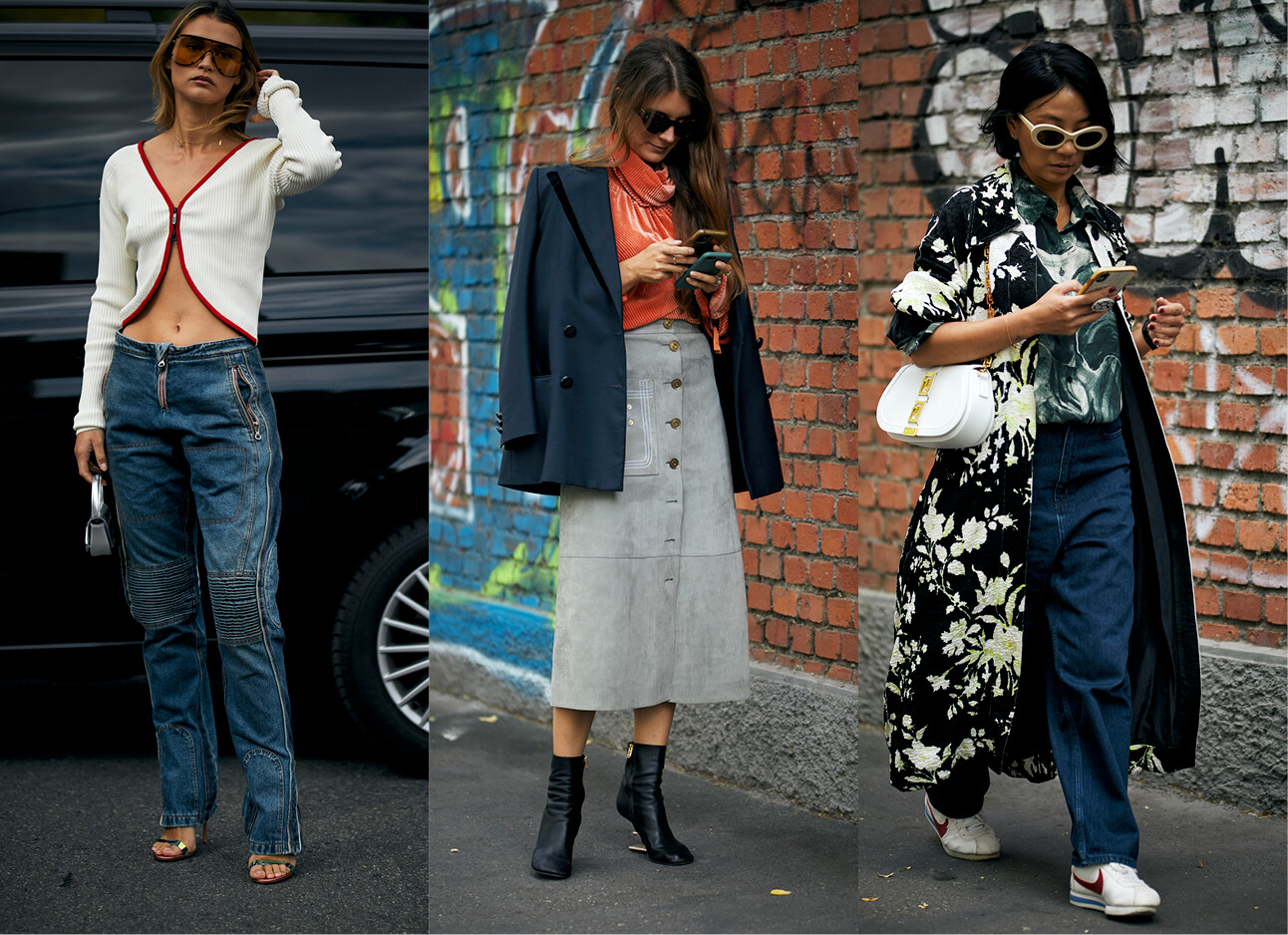 meiden met verschillende gekleurde outfits aan die op straat lopen