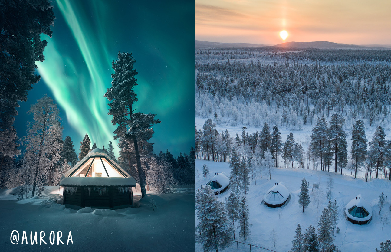 beelden uit finland met het noorderlicht en kleine huisjes om in te overnachten en veel sneeuw