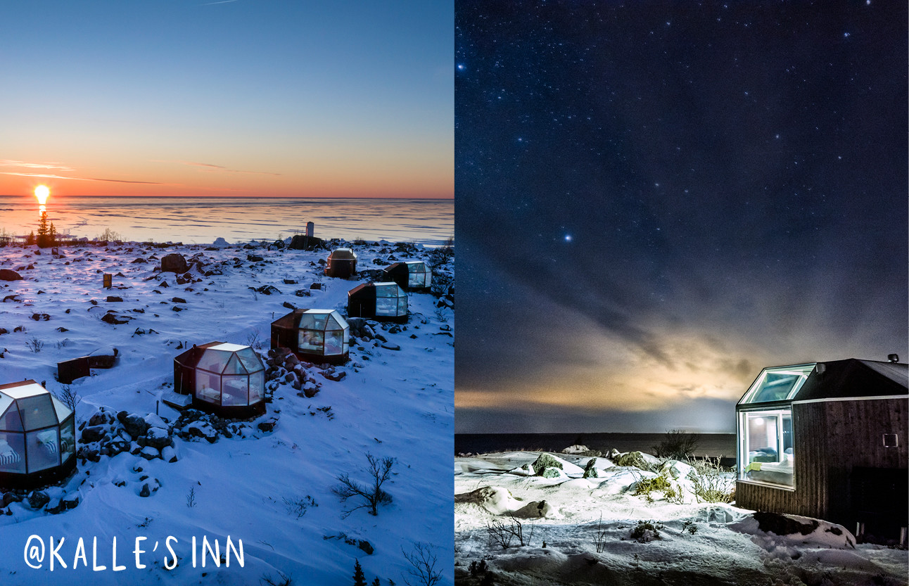 beelden uit finland met het noorderlicht en kleine huisjes om in te overnachten en veel sneeuw