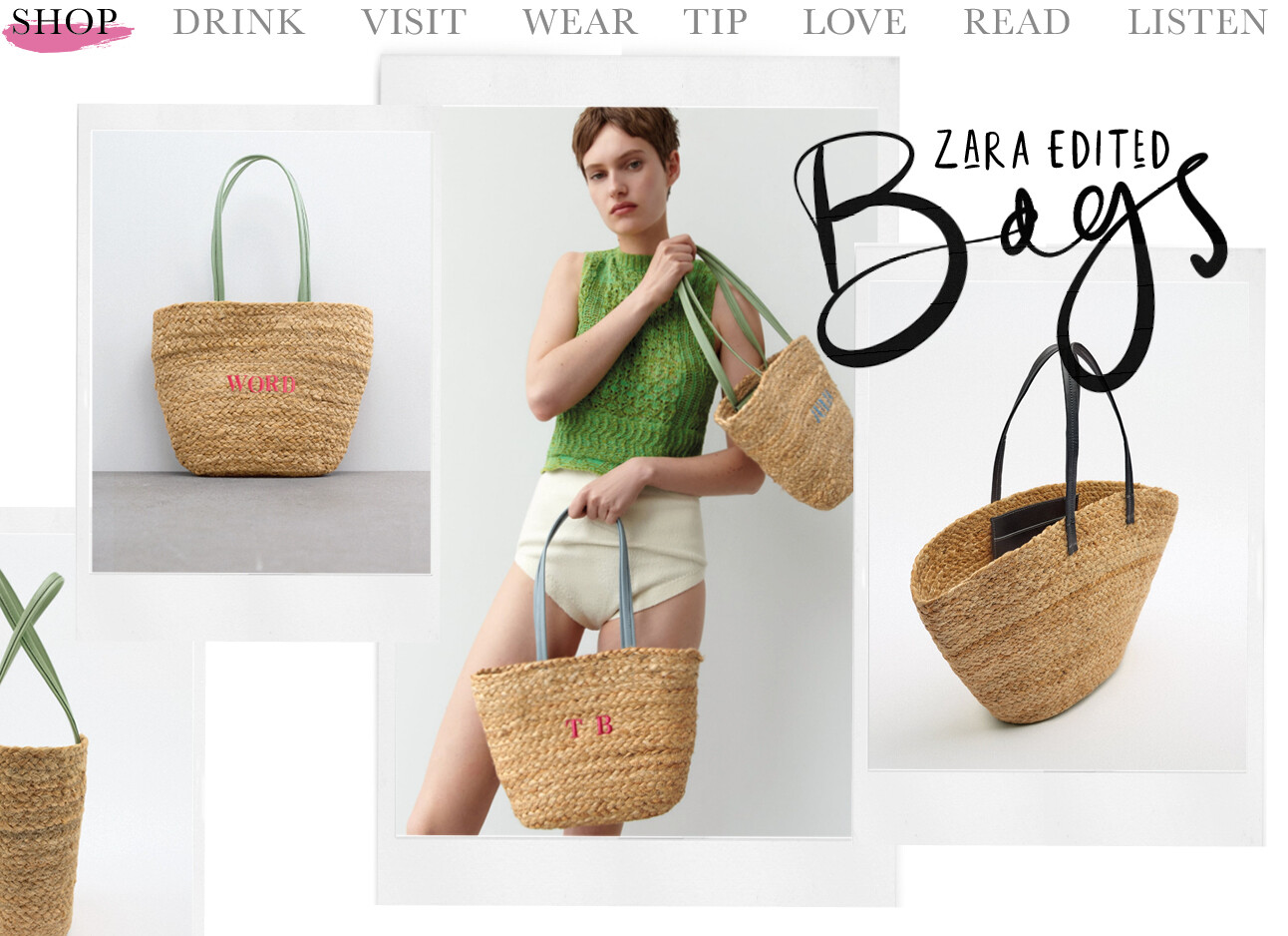 model met Zara edited rieten tassen met naam erop