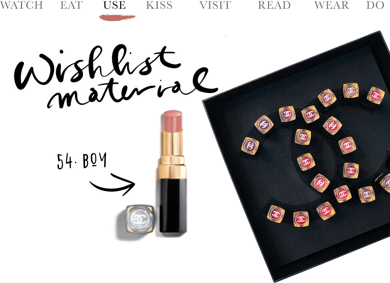 chanel box lipsticks pr pakket, nummer 54 boy is favoriet, wishlist material today we use