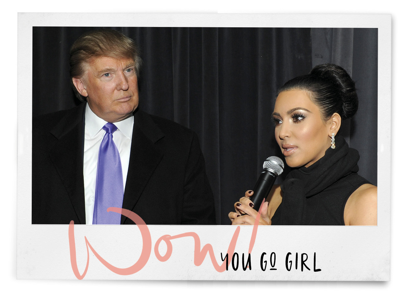 kim kardashian praat in een microfoon, daarnaast staat president donald trump