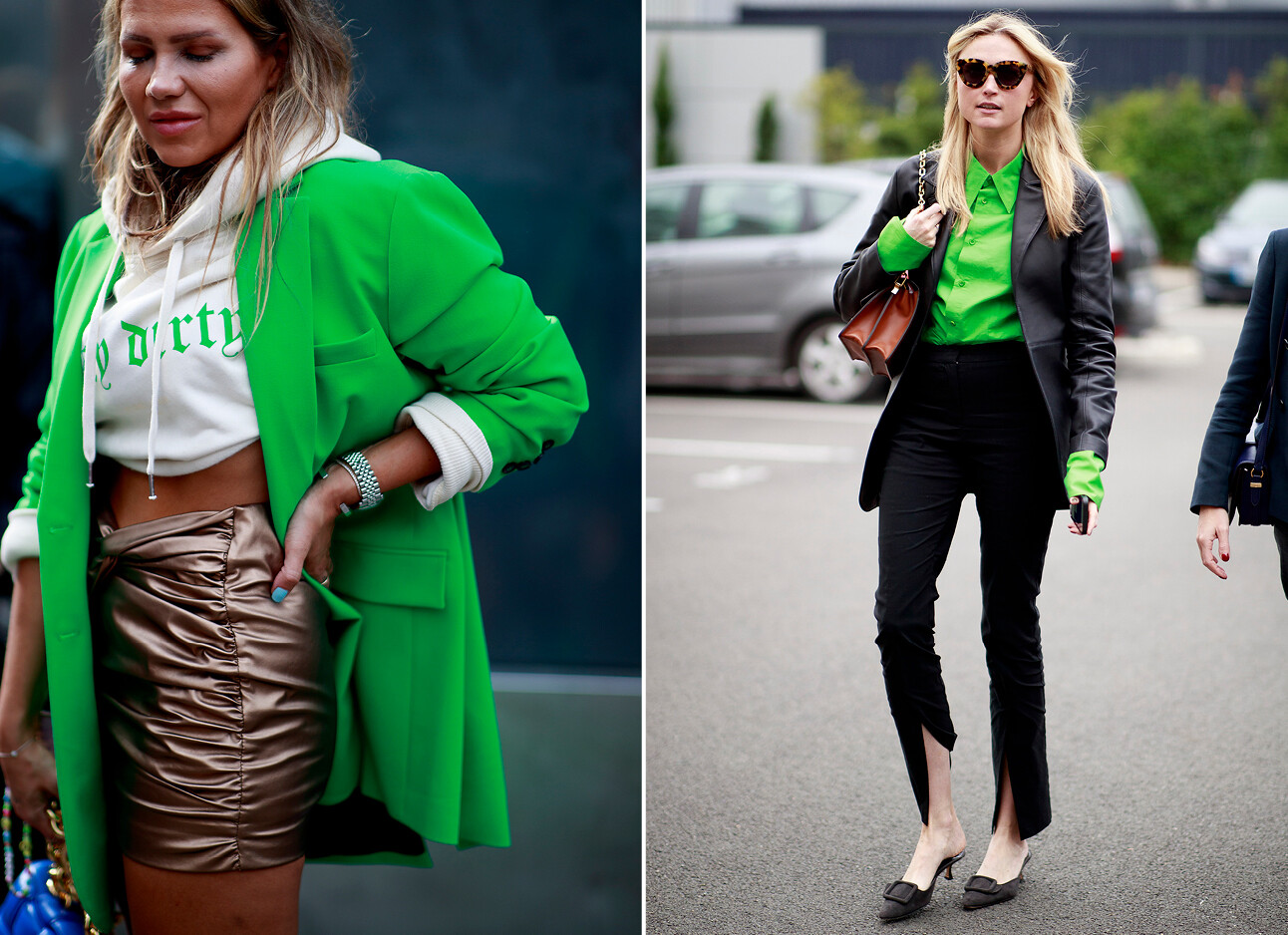 straatmodellen met groene kleding aan