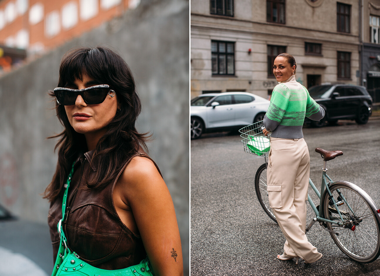 straatmodellen met groene kleding aan