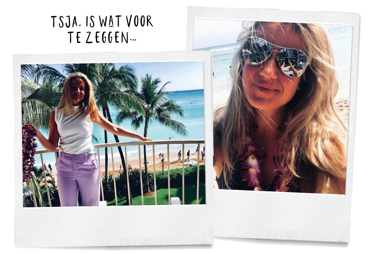 Tessa in paarse broek en zonnebril op vakantie in een zonnig land